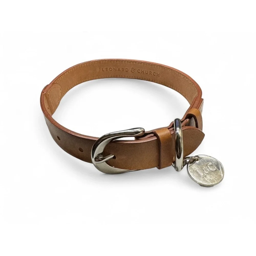 Leonard & Church Tan Brown Leather Dog Collar and Leash Set Silver Hardware
